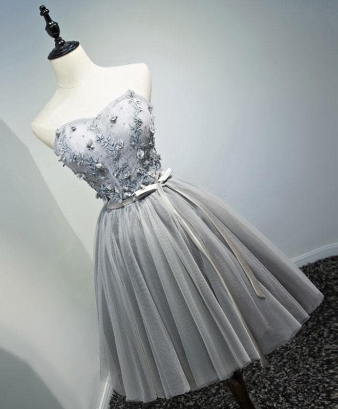 Gray Sweetheart Neck Tulle Lace Short Prom Dress, Homecoming Dress