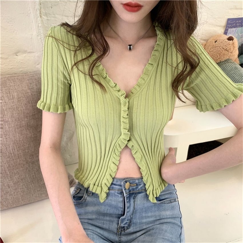 Korean Style Summer Casual Short Sleeve Ruffles Cardigan Women Open Buttons V neck Cropped Sweater Sueters De Mujer