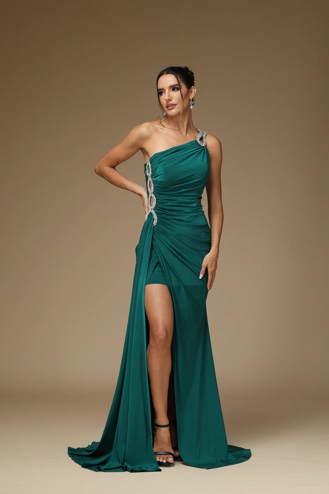 Okdais Prom Dress One Shoulder Dark Green Sleeveless Chiffon With High Slit YX0032