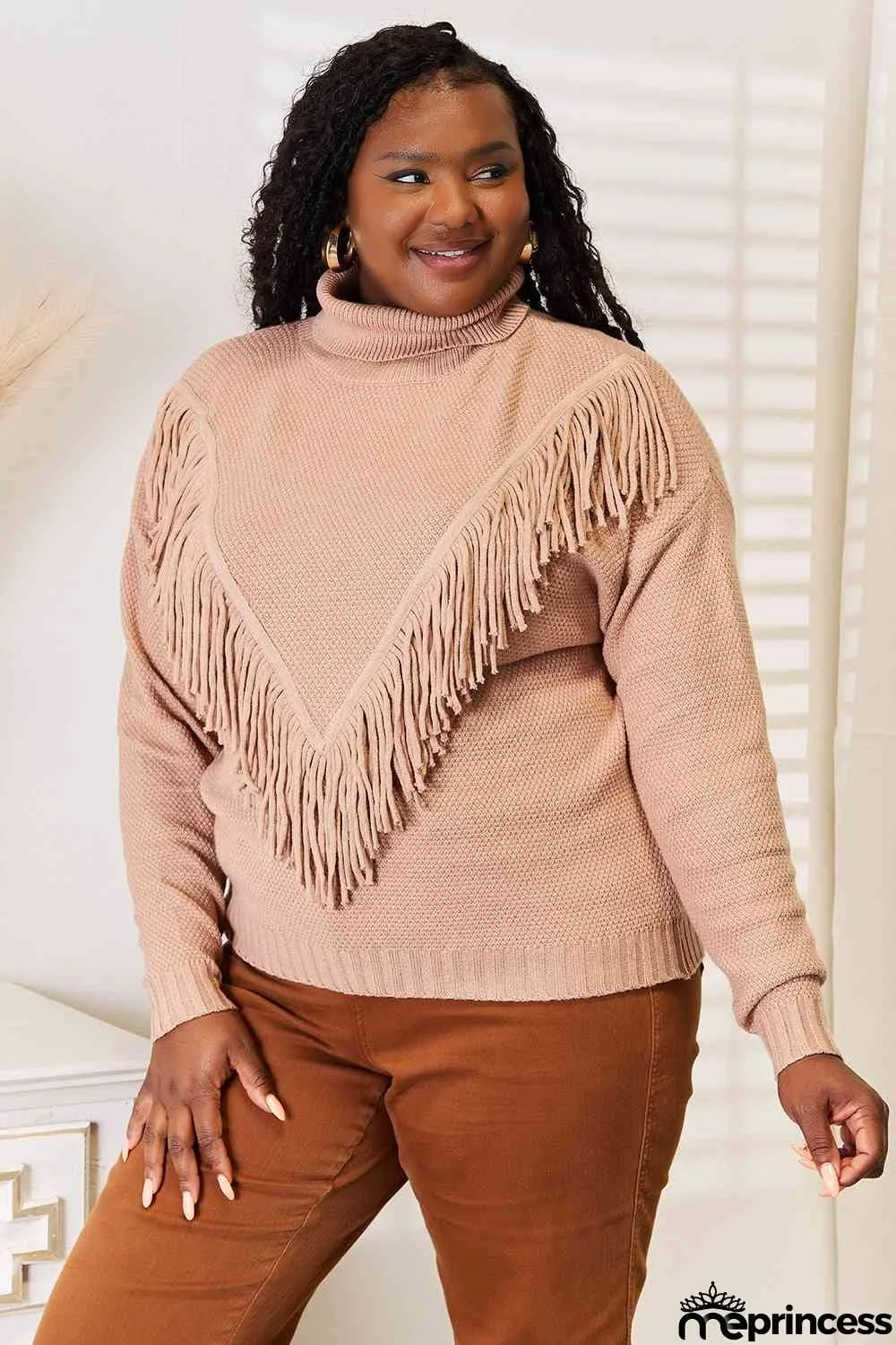 Woven Right Turtleneck Fringe Front Long Sleeve Sweater