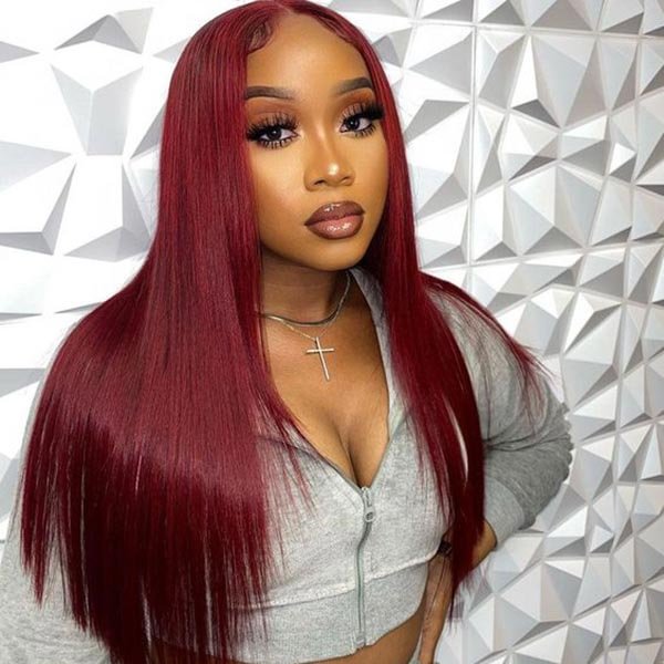 Junoda Hair 99J Lace Front Wig Brazilian Straight Burgundy Pre plucked