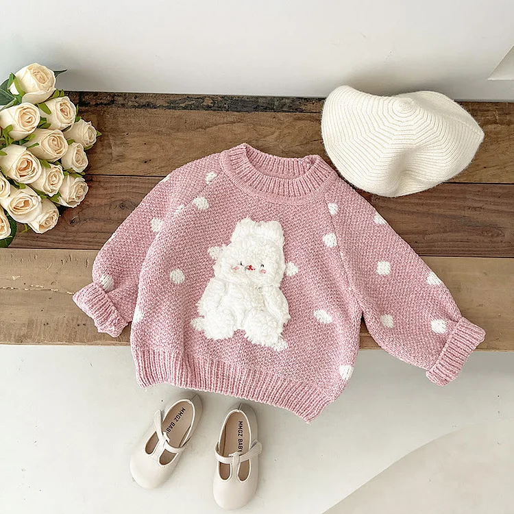 Baby Dots Bunny Knitted Fleece Pink Sweater