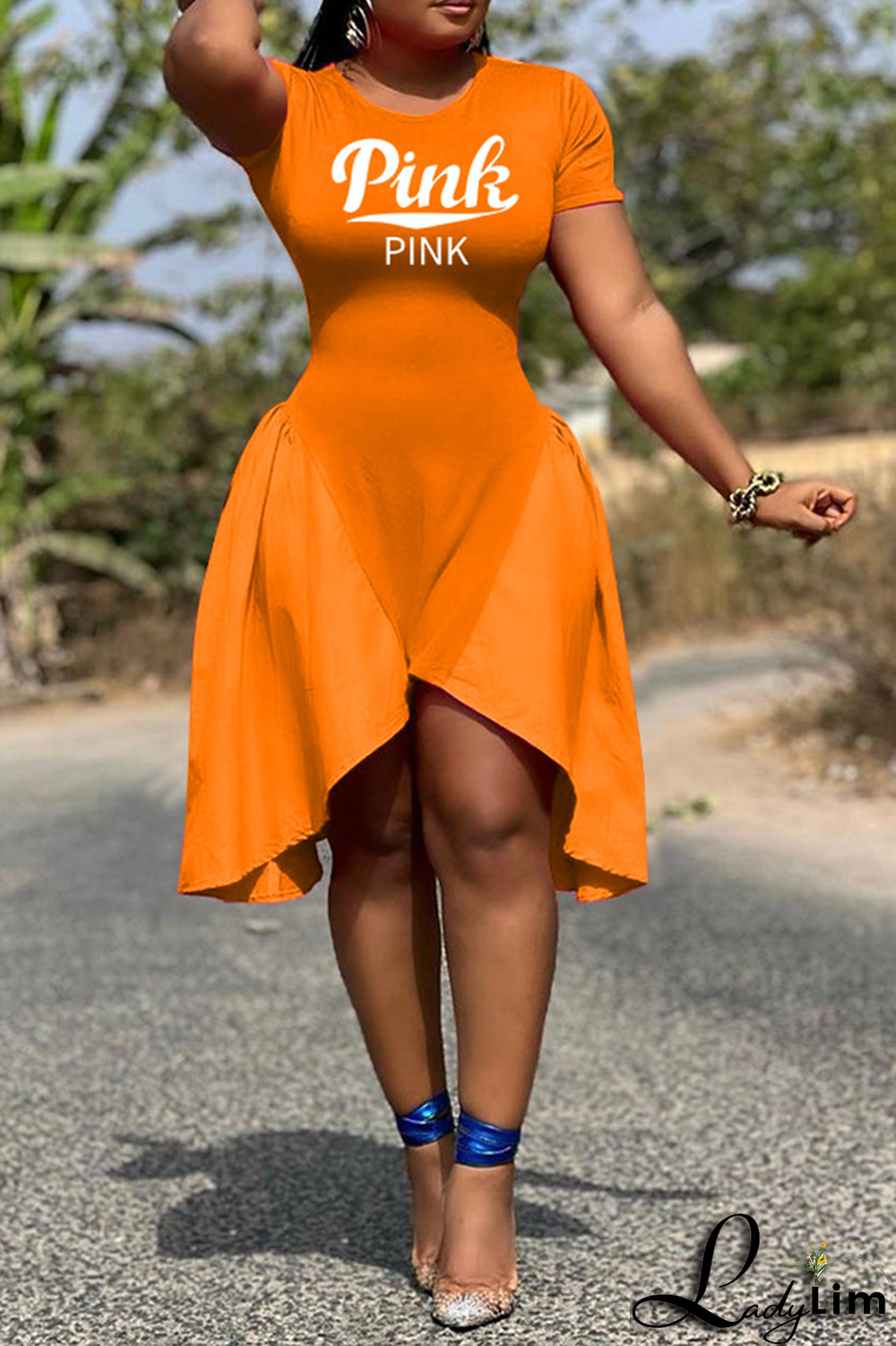 Orange Fashion Print Patchwork O Neck Irregular Dress Dresses