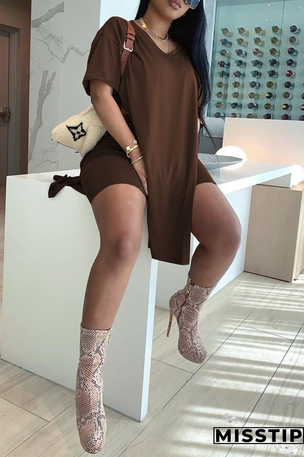 Khaki Fashion Casual Solid Slit V Neck Short Sleeve Two Pieces