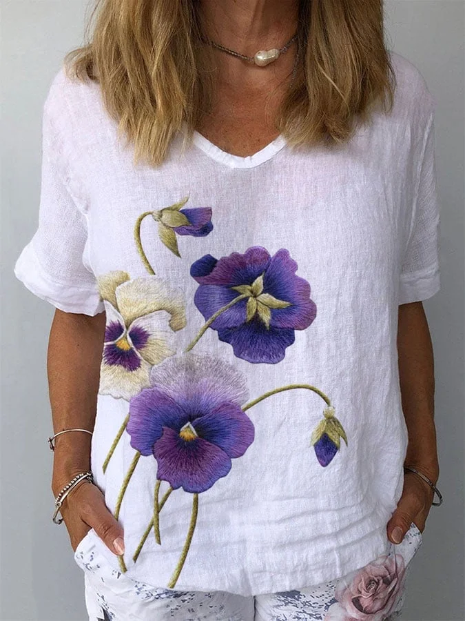 Women's Alzheimer's Purple Floral Print V-Neck Top