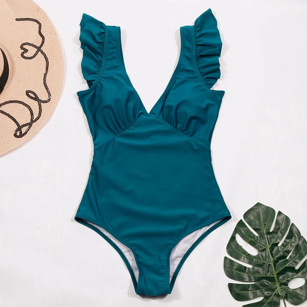 2021 New Sexy Ruffle One Piece Solid Swimsuit Off The Shoulder Swimwear Women Swimsuit Deep V Bathing Suit Beach Wear Swim Suit