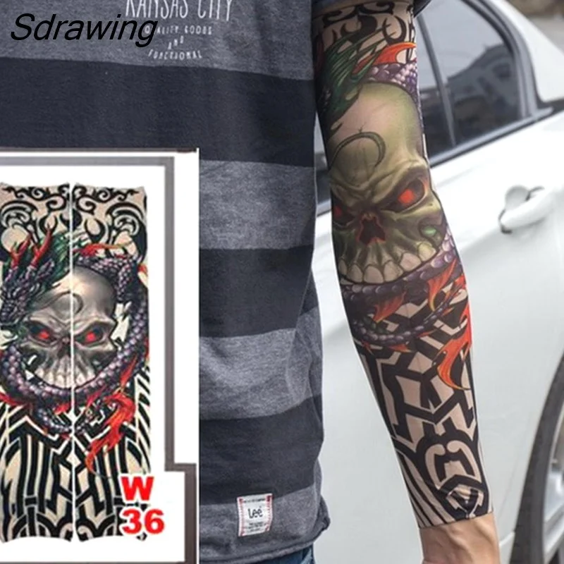 Sdrawing Temporary Tattoo Sleeve Tattoos Full Long Arm Tattoo Sleeve Men Elastic Nylon Tattoos skull dragon snake tiger tatoo sleeve