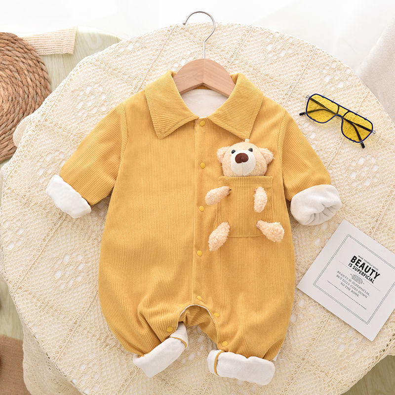 Baby Bear Doll Decor Solid Color Corduroy Romper