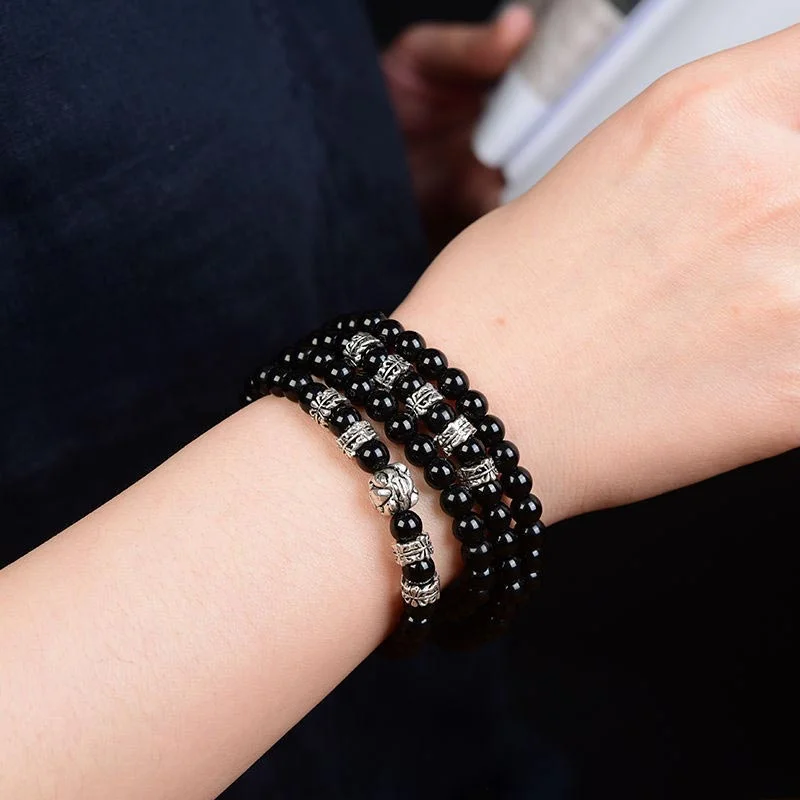 FengShui Natural Black Obsidian PiXiu Blessing Bracelet Necklace Mala