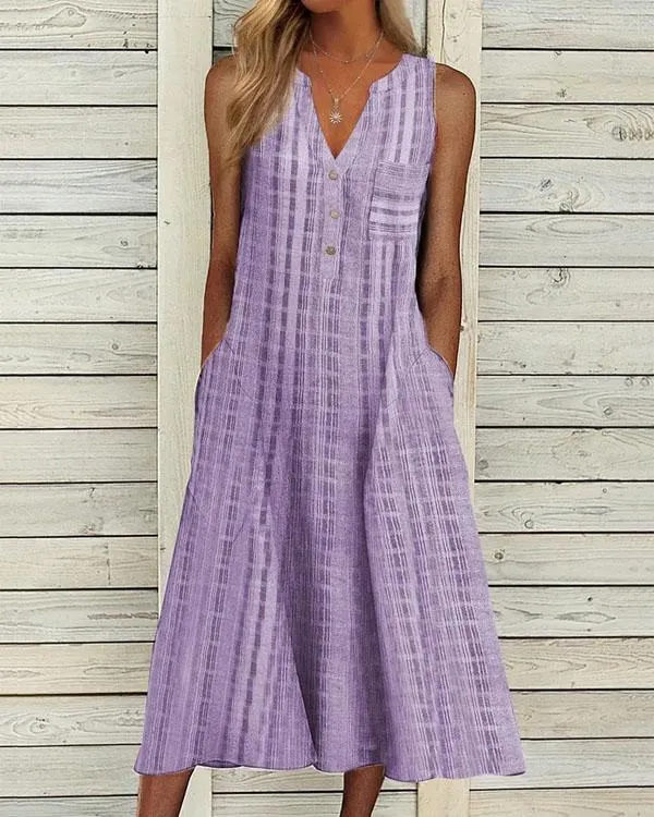 Sleeveless Button V Neck A Line Dress