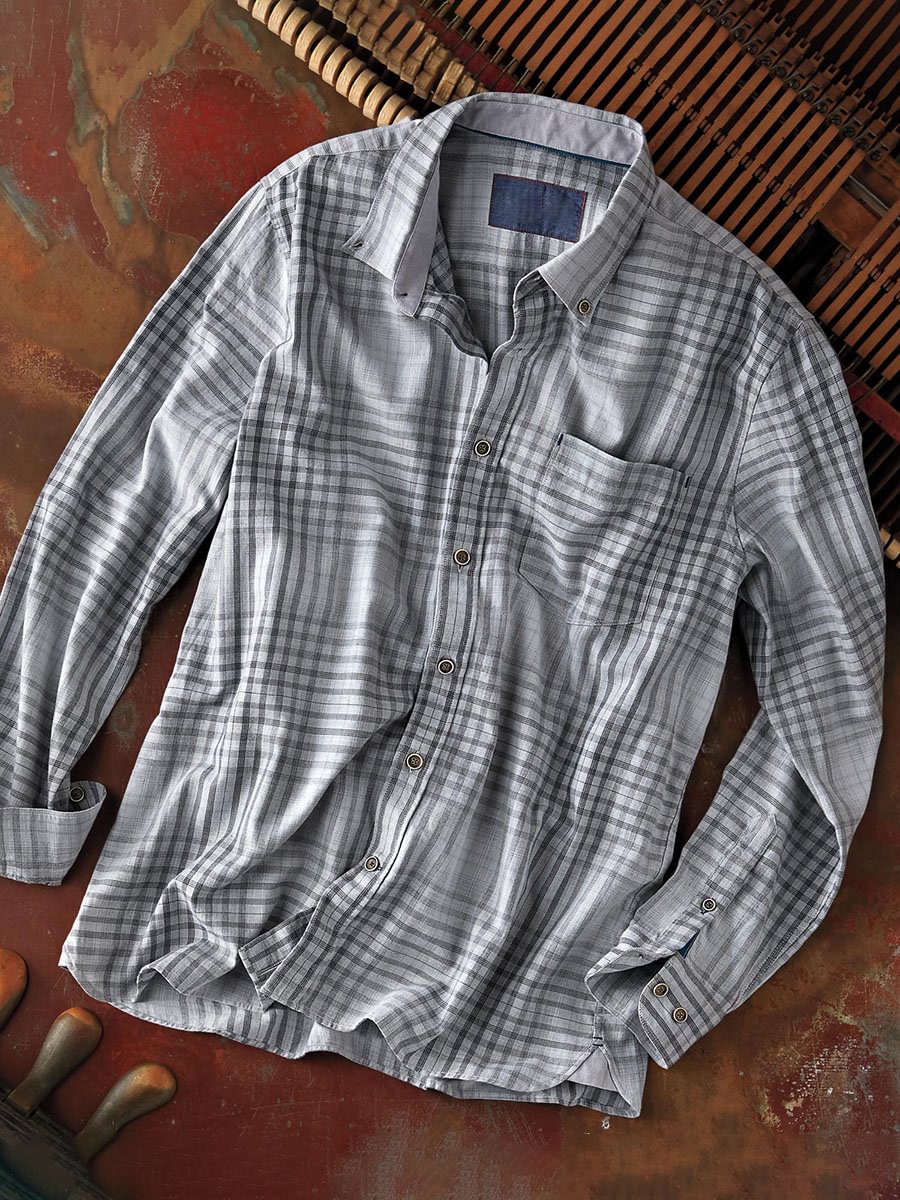 Men's Casual Gray Plaid Long Sleeve Cotton Linen Shirt
