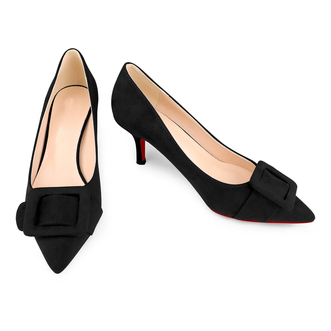 60mm Pointed Toe Square Buckle Decoration Red Bottom Kitten Heels Daily Pumps for Women Suede-MERUMOTE