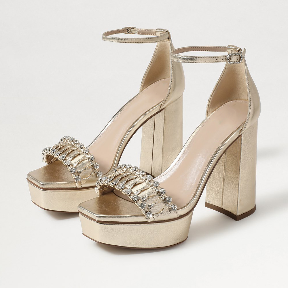 Gold Vegan Leather Square Toe Chunky Heel Ankle Strap Platform Sandals Nicepairs