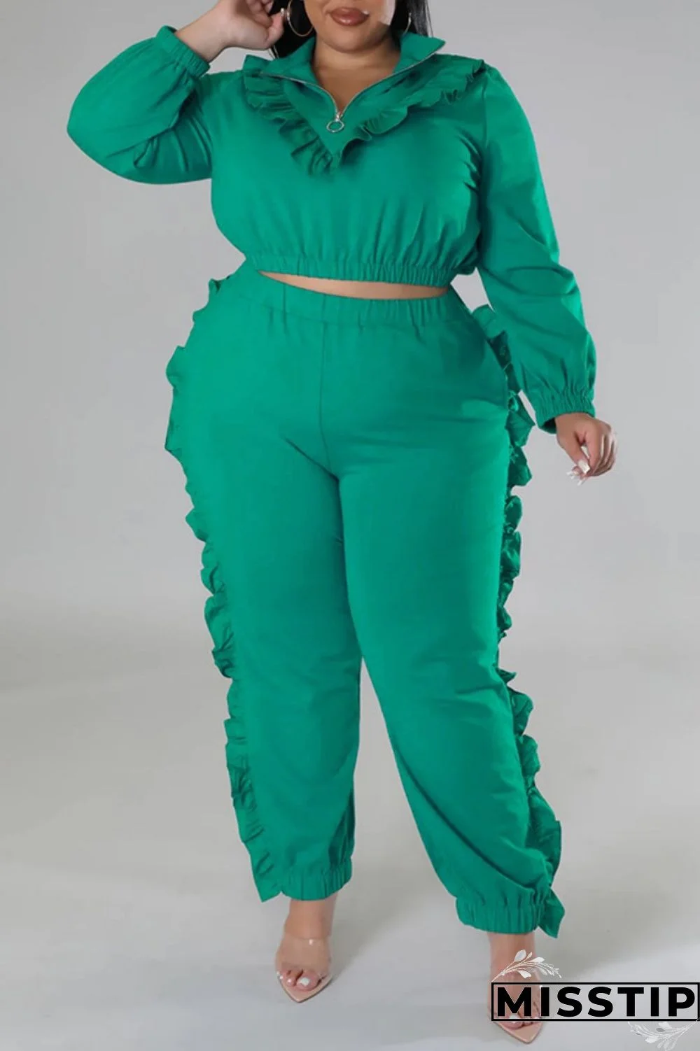 Black Casual Solid Patchwork Zipper Collar Plus Size Two Pieces