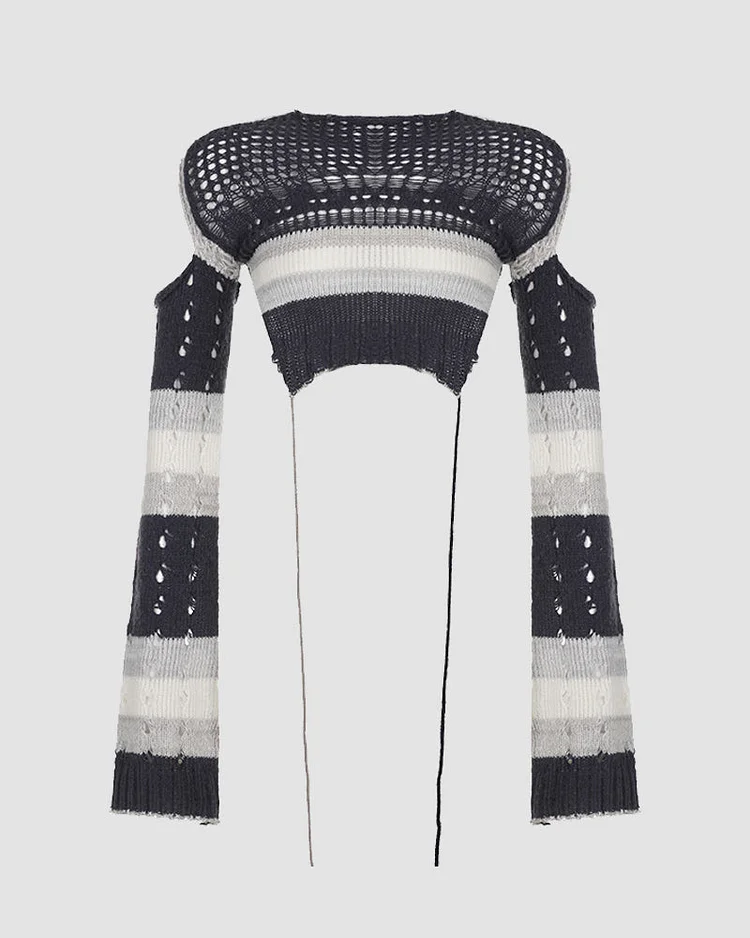 Stripe Crochet Hollow Out Knit Top