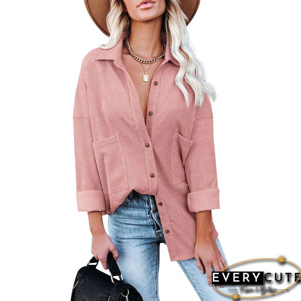 Pink Solid Corduroy Button Long Sleeve Shirt