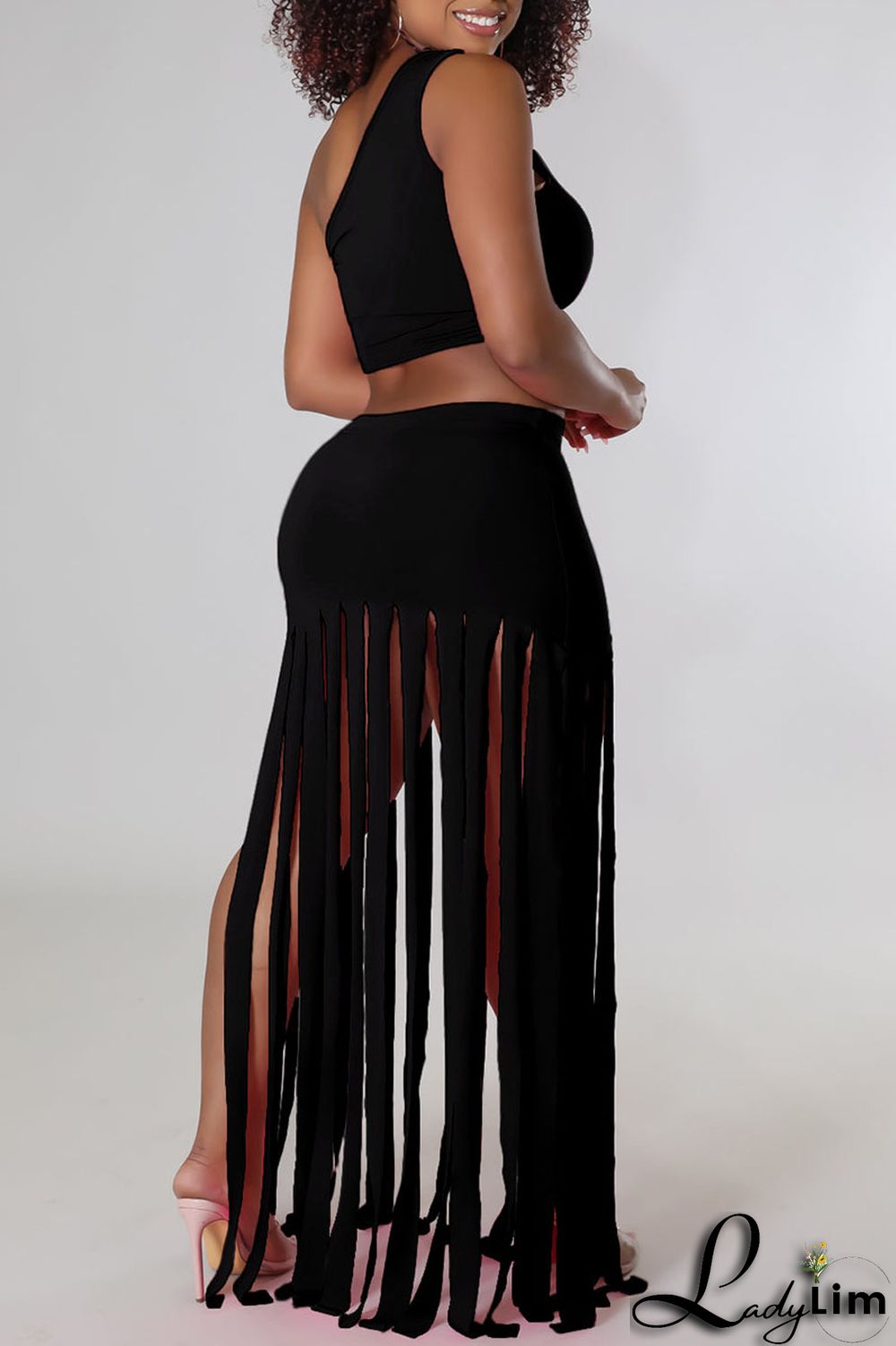Black Sexy Solid Tassel Patchwork Oblique Collar Two Pieces