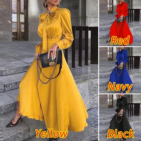 Elegant Women OL Style Fashion Solid Color Long Sleeve Bow Neck Long Shirt Dresses Plus Size Holiday High Waist A-line Casual Dresses Kleid - Life is Beautiful for You - SheChoic