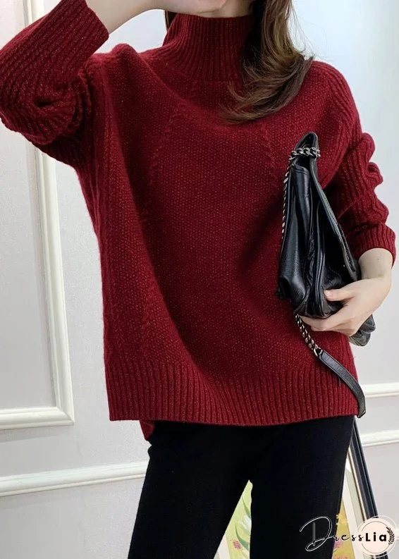 Women Red Turtleneck Cozy Cotton Knit Sweater Fall