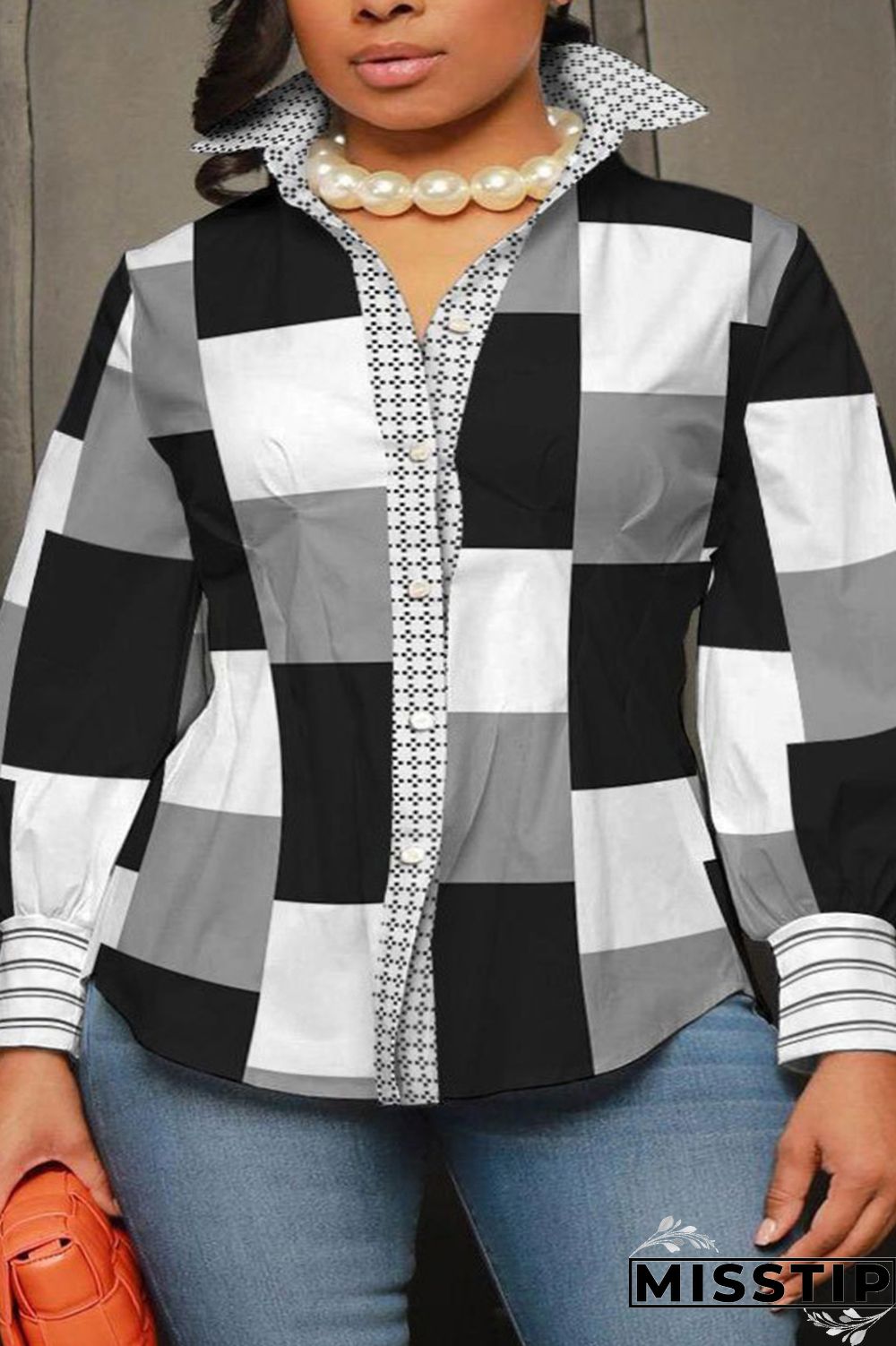 Black White Casual Street Print Patchwork Buckle Turndown Collar Plus Size Tops