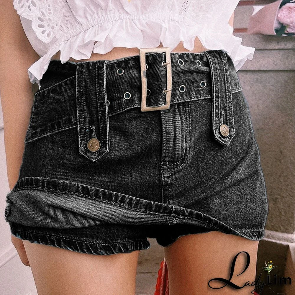 Trendy Belt Mini Denim Shorts Skirt