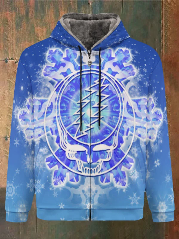 Unisex Skull Print Double Layer Fleece Zip-Up Hooded Jacket