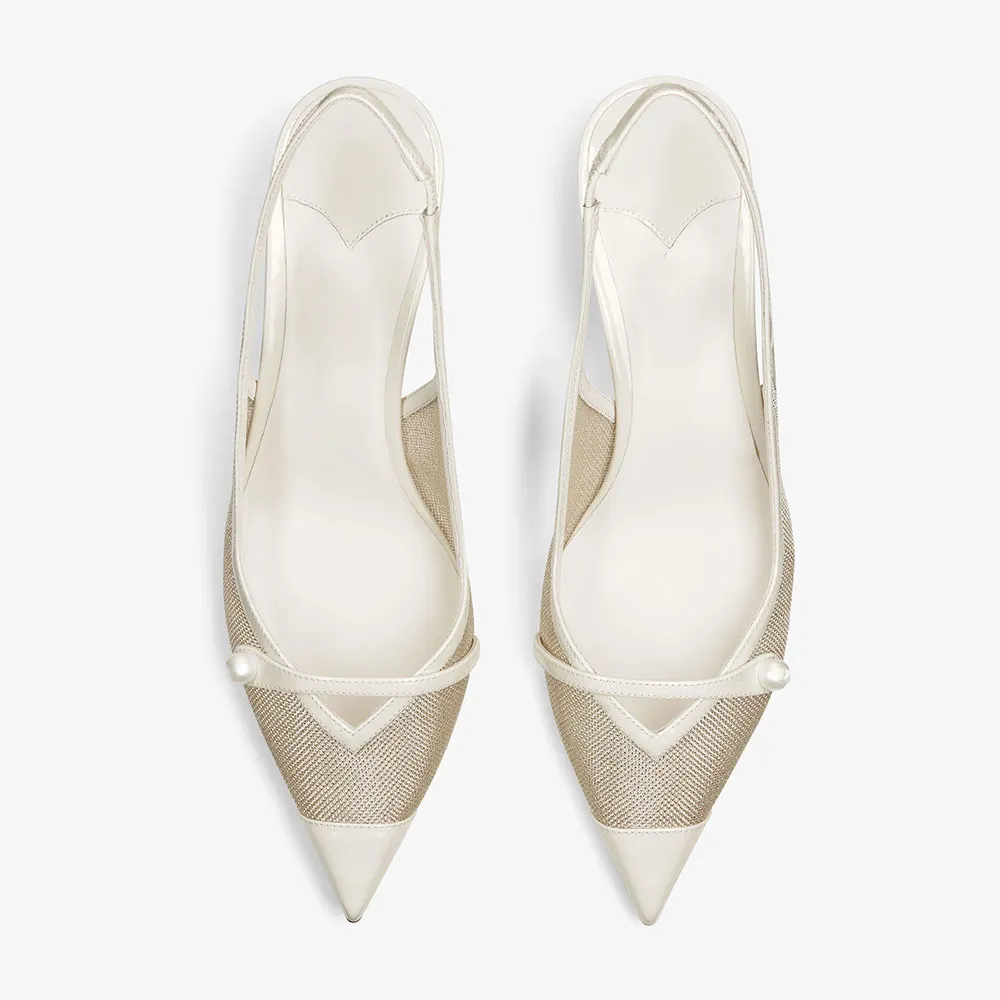 White Patent Leather & Mesh Pointed Toe Slingback Kitten Heel Pumps