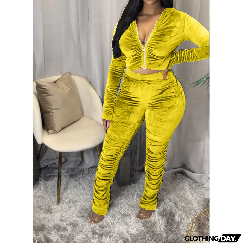 Velvet Pleated Zipper Hooded Jacket Skinny Pants Suit