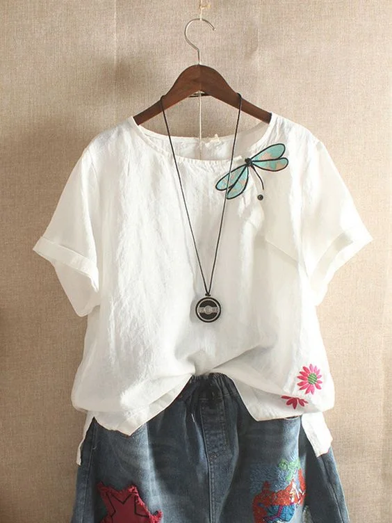 Short Sleeve Casual Crew Neck Solid Shirts & Tops