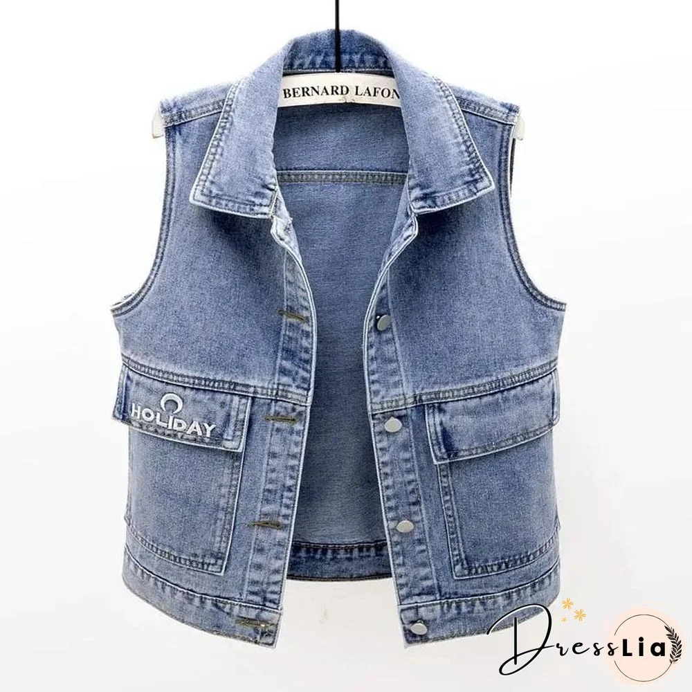 Women's Vest Big Pocket Jean Top Plus Size Spring Summer Waistcoat Blue Turn-down Collar Loose Denim Sleeveless Jacket Woman