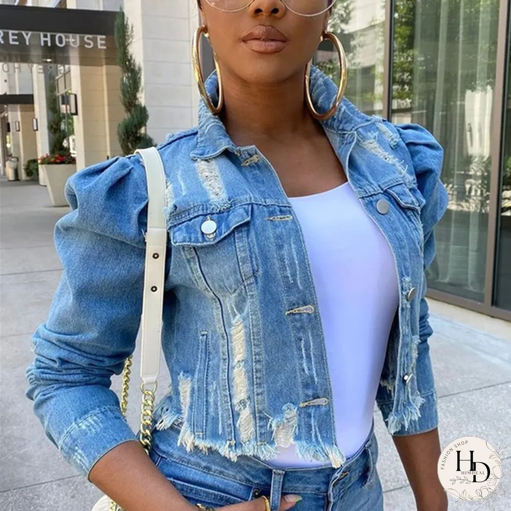 Women's Fashion Short Denim Jacket Puff Sleeve Denim Jacket