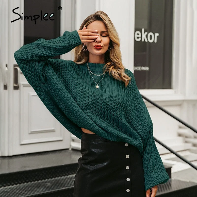 Simplee Winter lantern sleeve knitted sweater pullover Women loose O-neck solid sweater Female autumn casual sweater jumper new