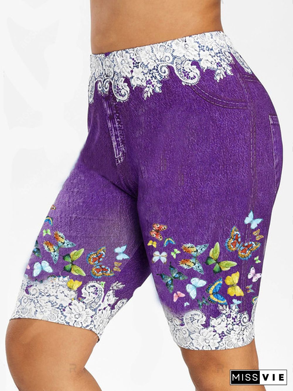 5 Colors Hot NEW Women's Fashion Plus Size Denim Leggings Summer Butterfly Printed Fitted Leggings Short Pants Plus Size S-5XL