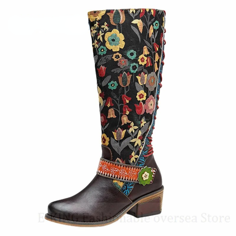 VCSHOES Women Leather Mid Calf Boots Retro Western Cowgirl Shoes Round Toe Flat Knight Boots Vintage Side Zip Long Boots