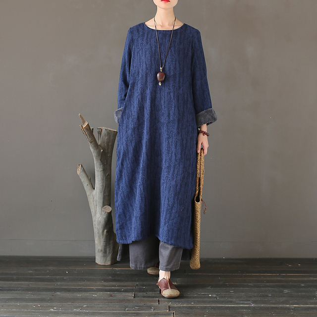 Original  Winter Thick Fleece Warm Dress Loose Retro Vintage Dress