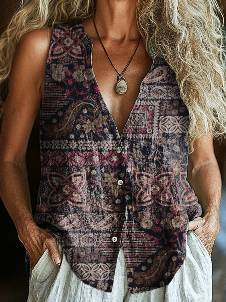 Women's Vintage Folk Floral Collage Art Print Sleeveless Cotton Shirt