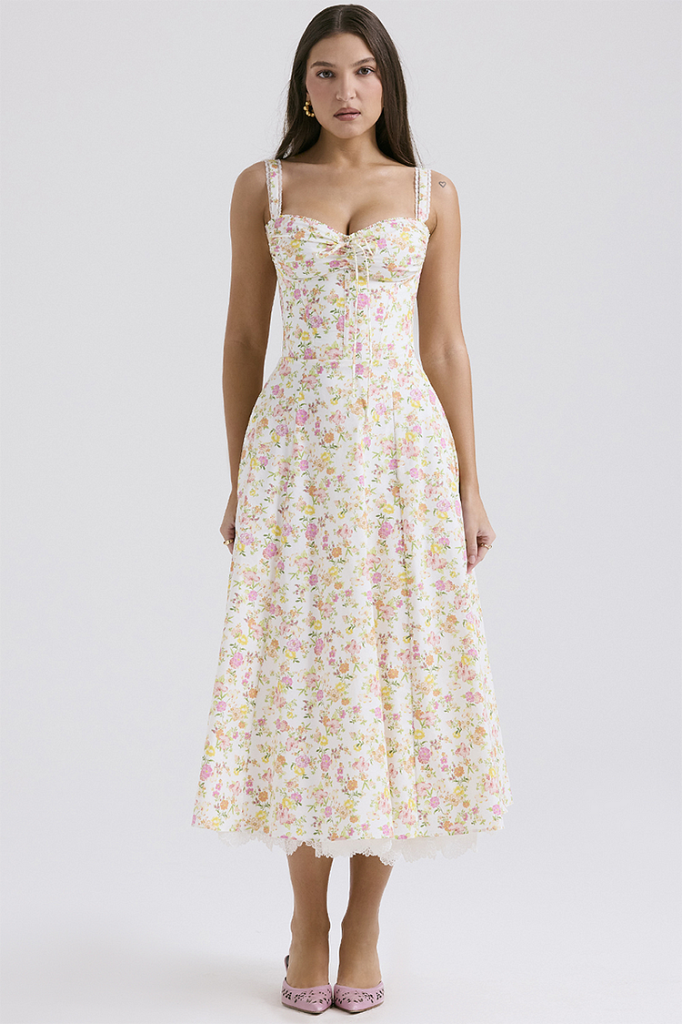 Ditsy Floral Print Sweetheart Neckline A-Line Lace Trim Slip Midi Dresses-White [Pre Order]