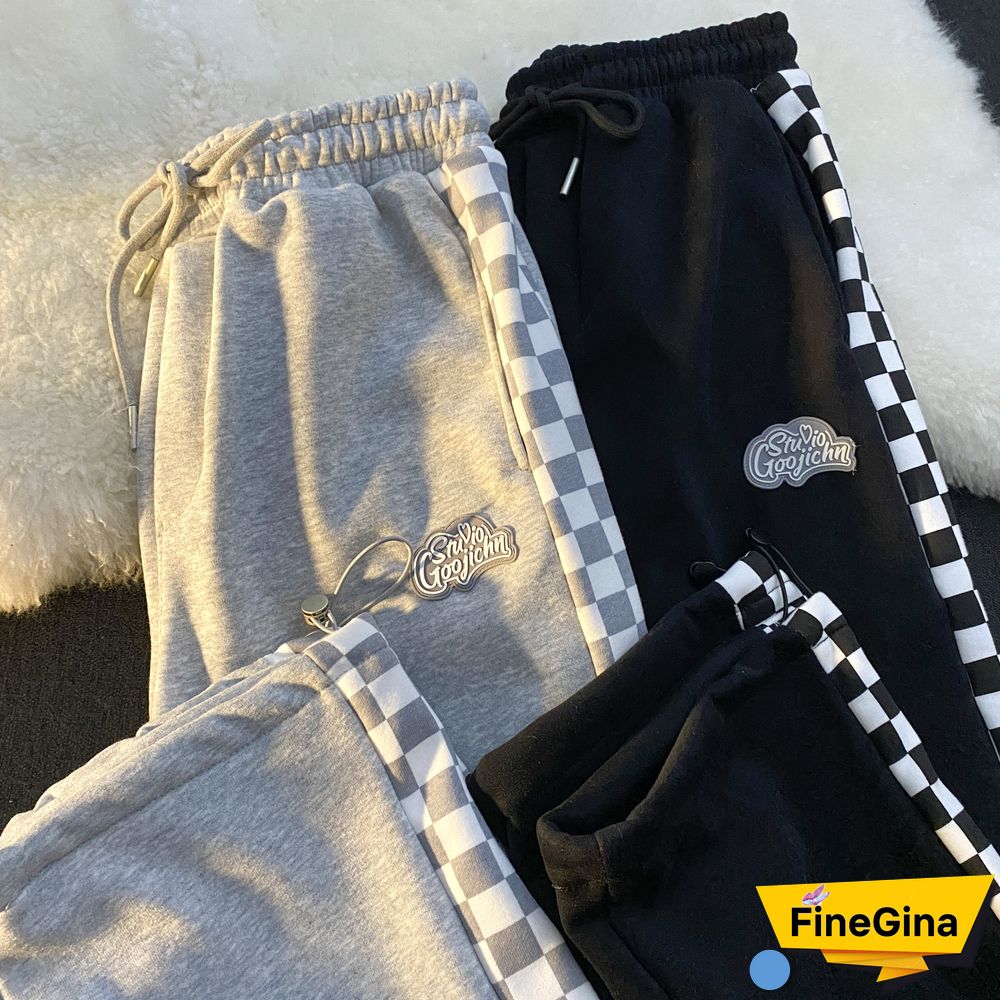 Unisex Straight Drape Side Checkerboard Casual Pants