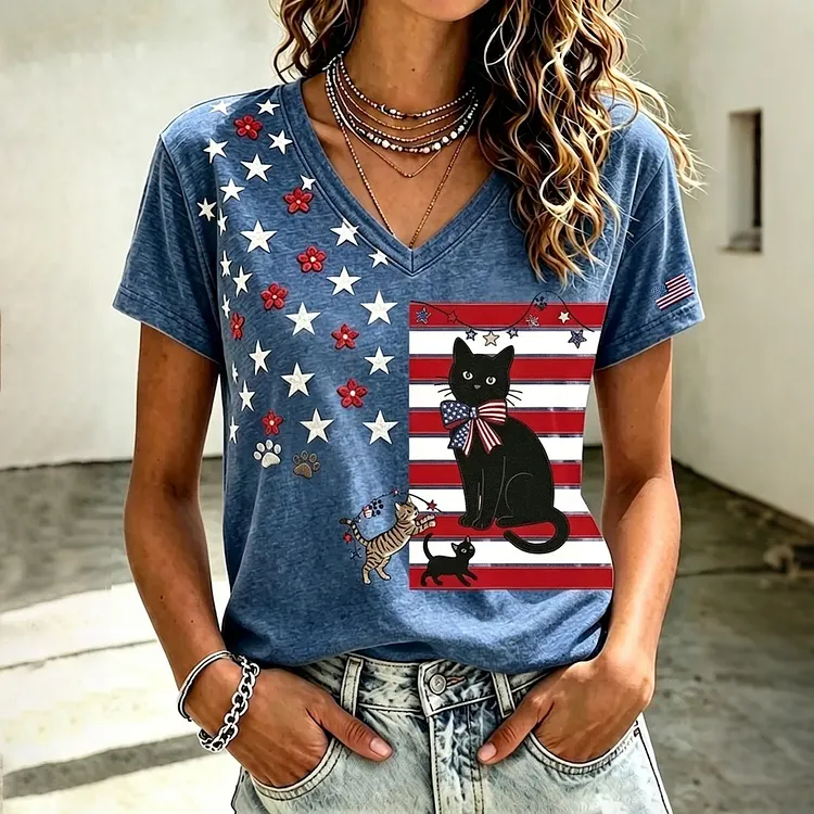 Women's Independent Day Cat Design V-neck Distressed T-shirt