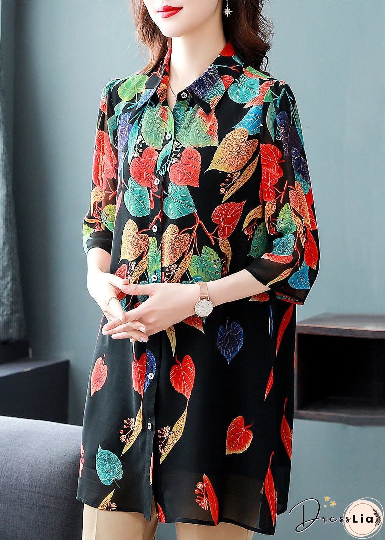 Style Black Button Print Patchwork Chiffon Shirt Tops Summer