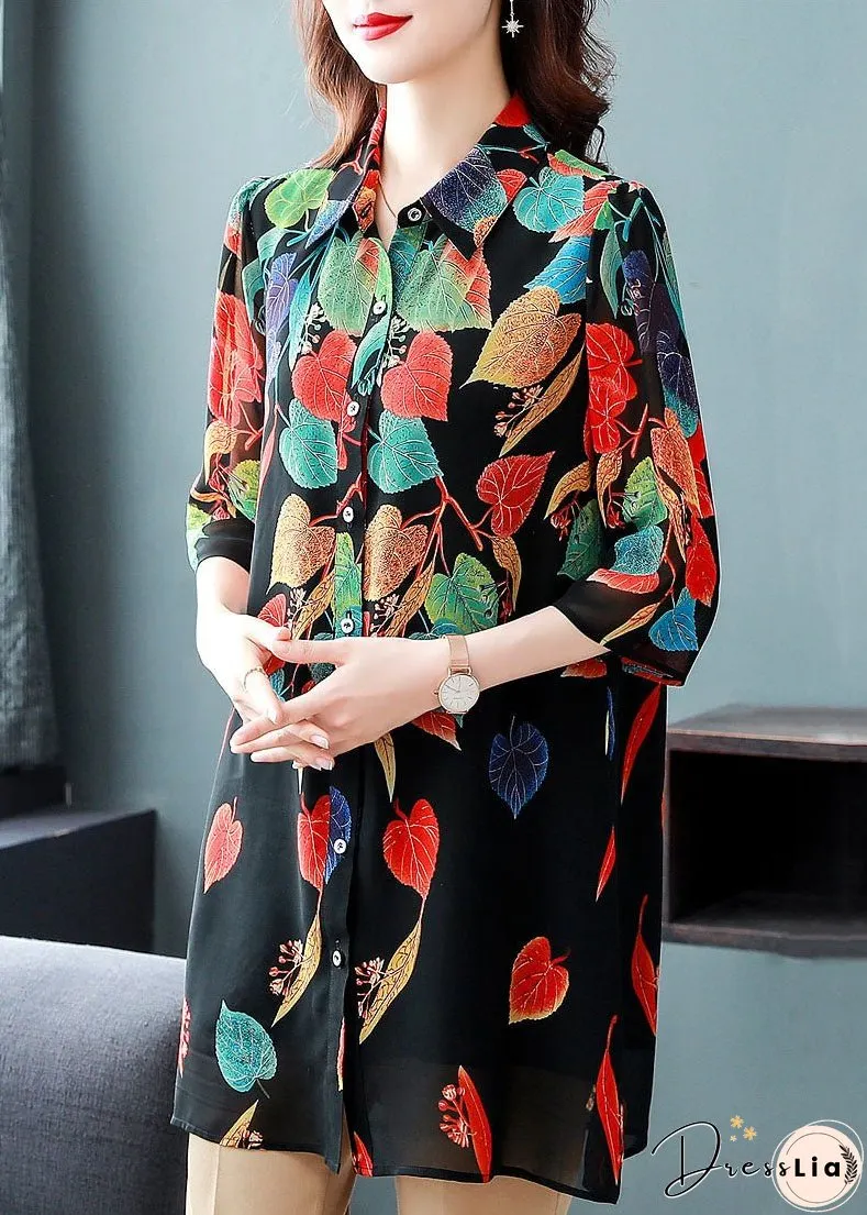 Style Black Button Print Patchwork Chiffon Shirt Tops Summer