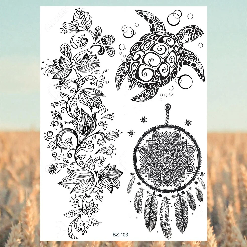 Sdrawing Black Skull Rose Flower Back Temporary Tattoos For Women Men Halloween Compass Round Fake Tattoo Sticker Skeleton