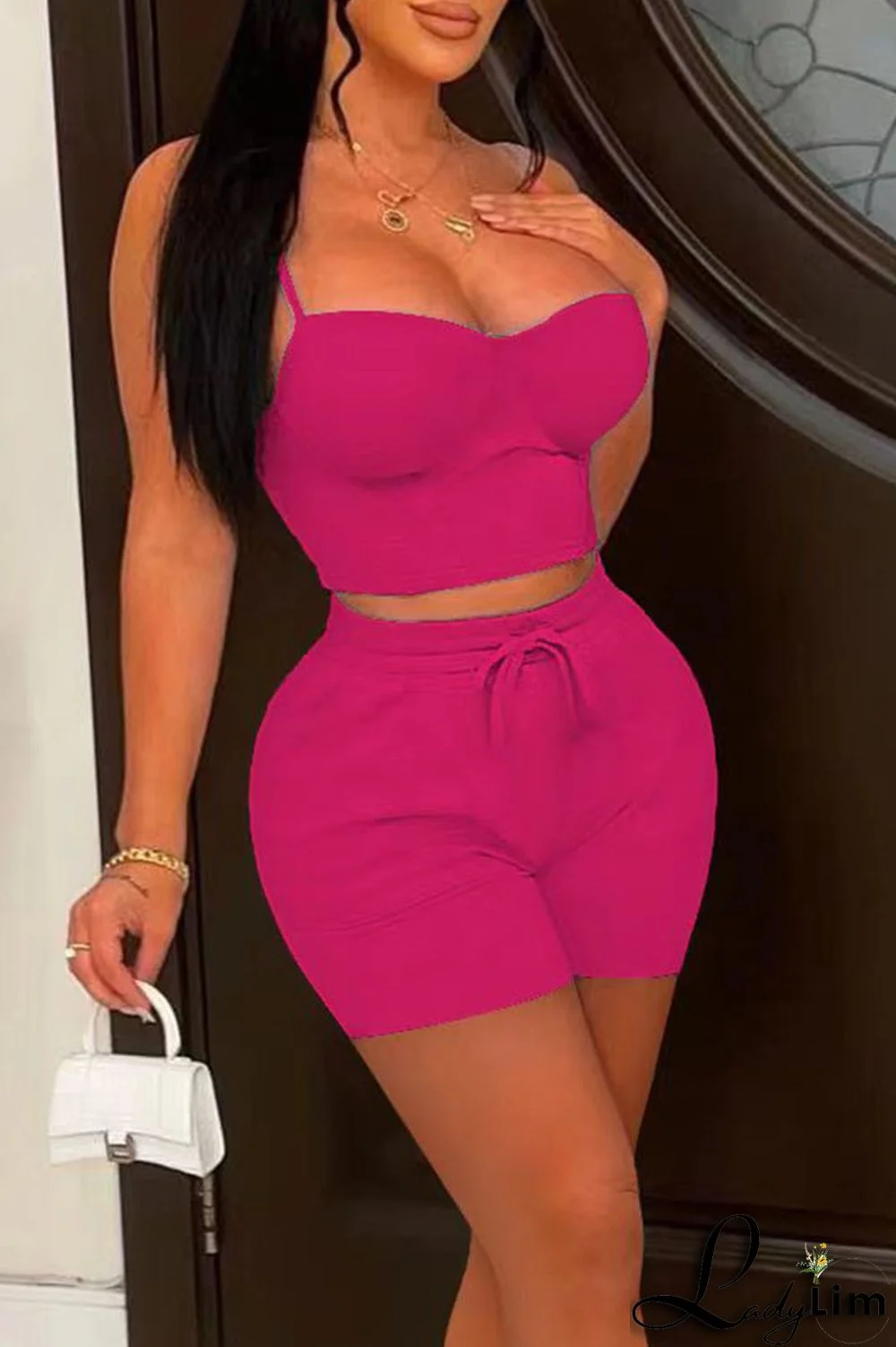 Rose Red Sexy Solid Patchwork Spaghetti Strap Sleeveless Two Pieces