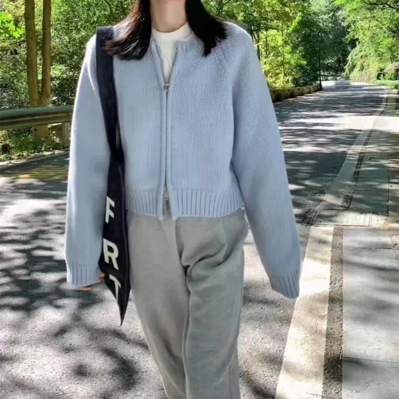 Churchf Churchf Short Round Collar Zipper Candy Color Knit Cardigan Female Autumn Winter New Show Thin Versatile Sweater Coat