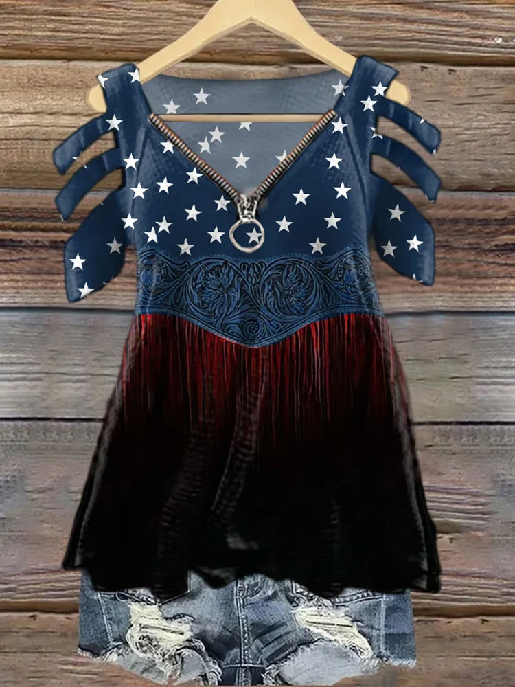 Women's Independence Day Flag Denim Blue Print V-neck T-shirt
