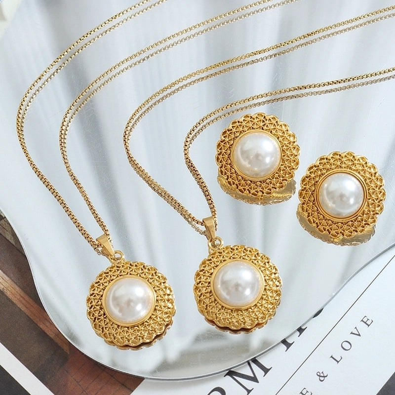 Minimalist Round 304 Stainless Steel Pearl 18K Gold Plated Gold Plated Earrings Necklace