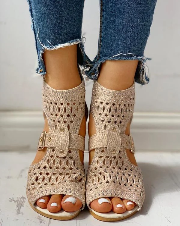 Studded Hollow Out Peep Toe Buckled Sandals