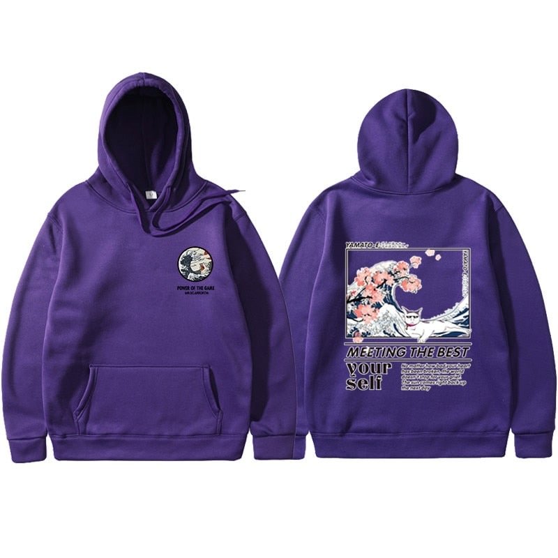 Screw thread Cuff Hoodie Japanese Funny Cat Wave Hoodies Sweatshirt