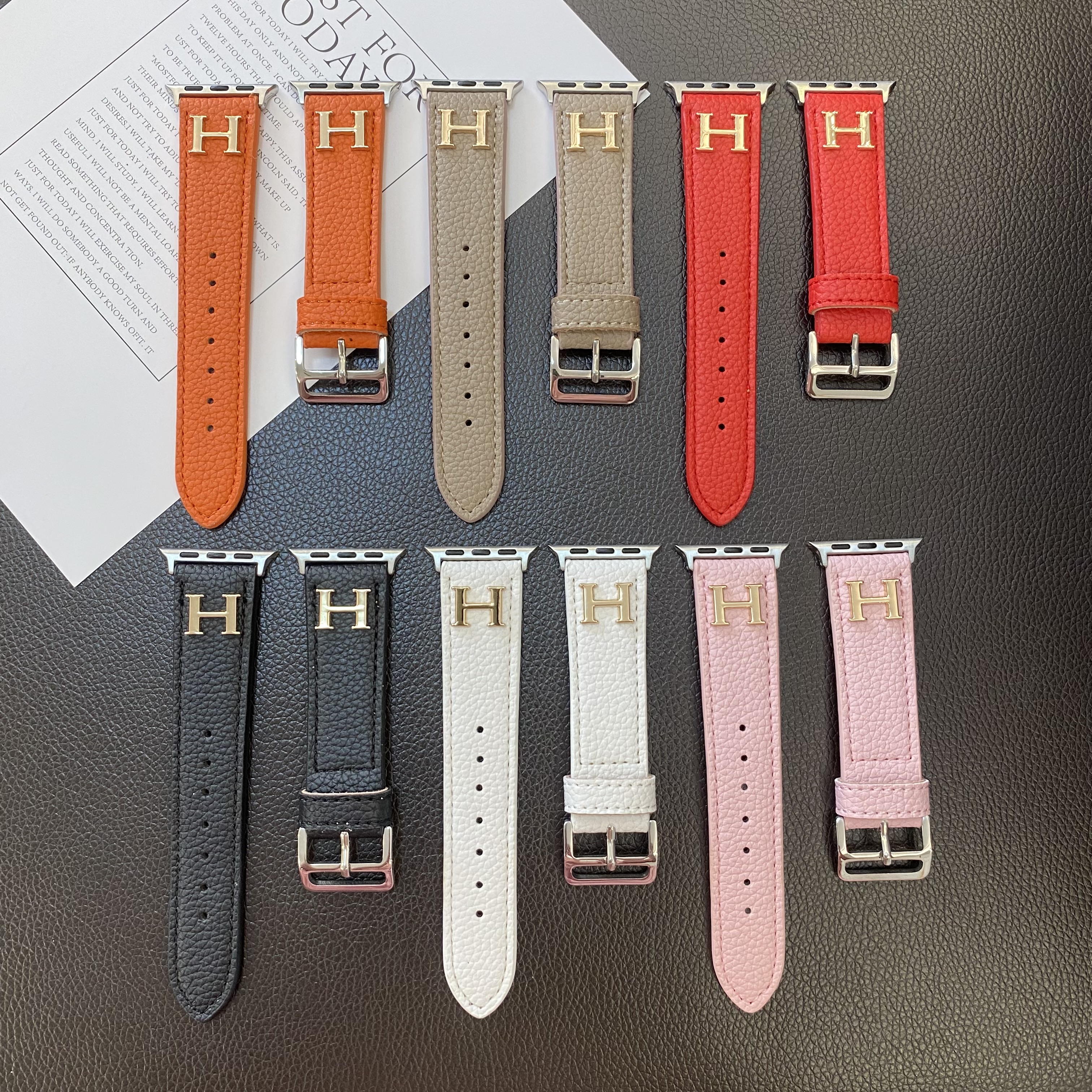 Hermes H Genuine Lychee Pattern Leather Apple Watch Strap