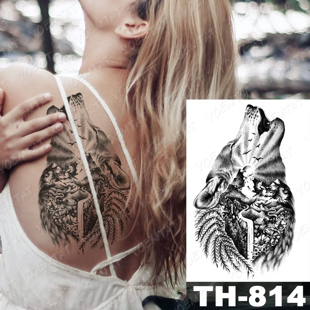 Waterproof Temporary Tattoo Stickers Fox Dragon Wolf Monster Old School Lotus Peony Flash Tatto Women Men Body Art Fake Tattoos